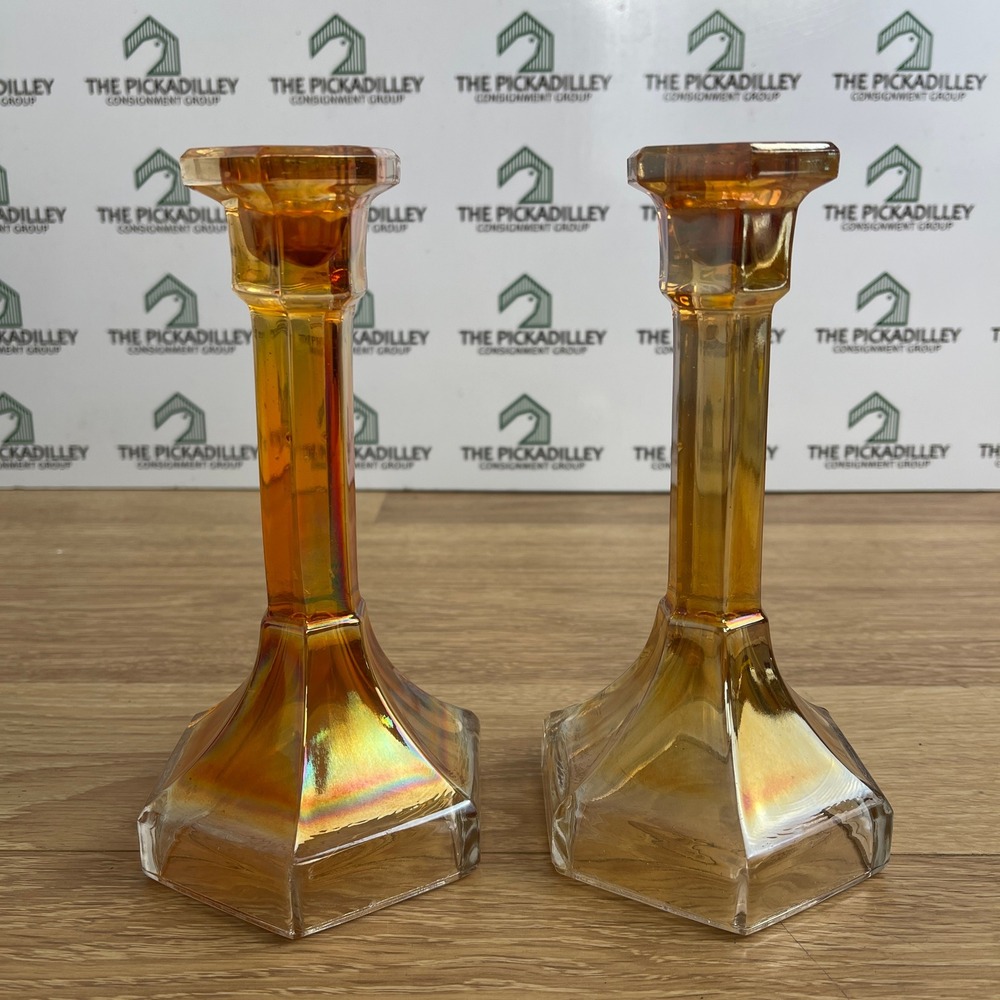 Vintage Amber Marigold Iridescent Glass Hexagon Candlestick Holders Pair 7.5in